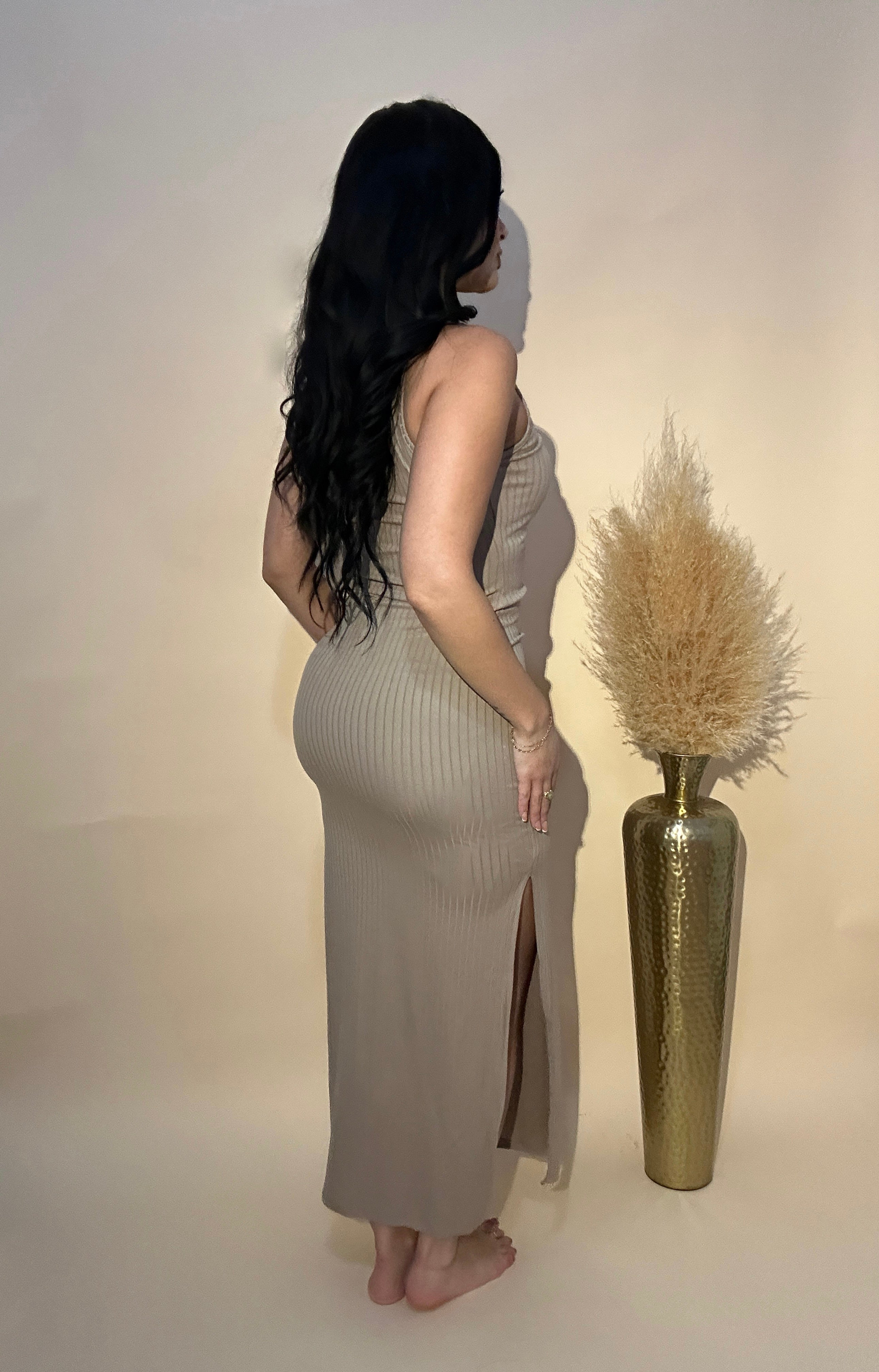 Valentina Ribbed Mock Neck Slit Bodycon Maxi Dress - Taupe