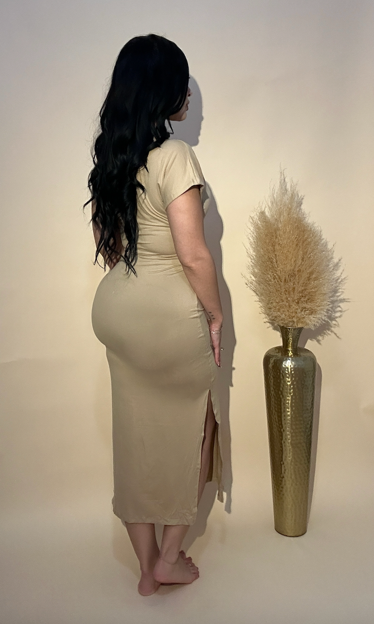 Natalia Tie Front Short Sleeve Side Slit Dress - Nude