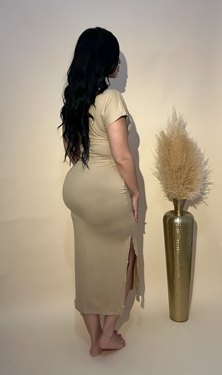 Natalia Tie Front Short Sleeve Side Slit Midi Dress - Black